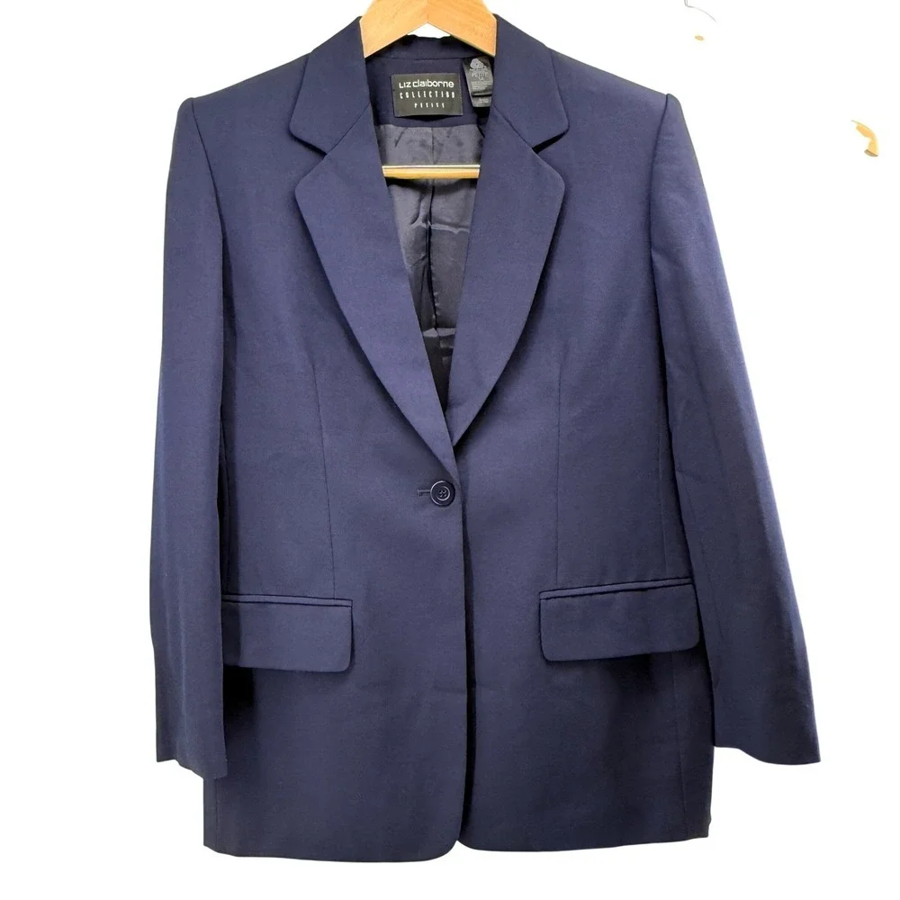Liz Claiborne Collection‎ Petite Navy Blue Pure Wool Pant Suit Set Size 14P